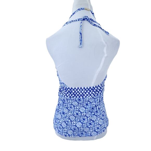 Chaps Tankini Swim Top Size 10 Blue White Bathing Suit Halter Tie Geometric - Picture 3 of 5